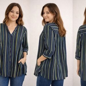 Liz & Me Striped Blouse - Blue, Green, Black